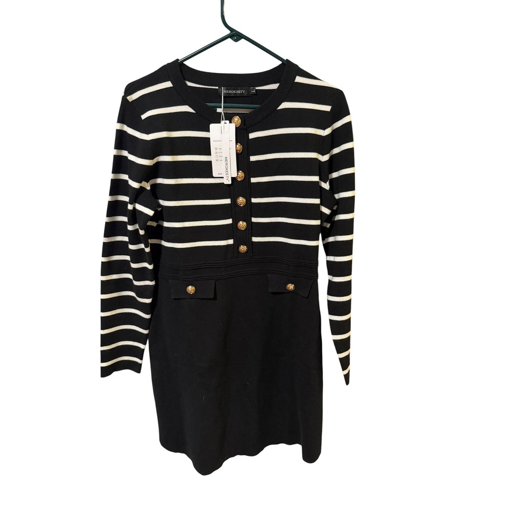 NWT Merokeety Size Large Striped Knit Mini Dress Black White Gold Button